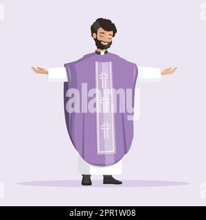 Young priest with purple chasuble praying with outstretchead arms Stock Vector