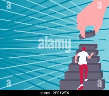 Gentleman Climbing Up Stair Case Trying To Reach Goals Hand Helping Representing Teamwork. Man Running Upwards Big Stairs Defining Progress And Improvement. Stock Vector