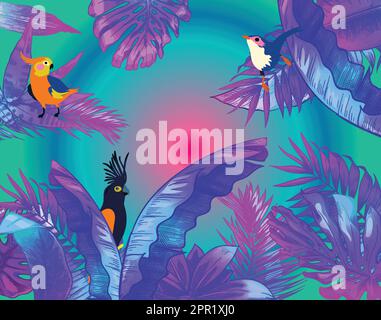 Background, wallpaper, cover with tropical plants, flowers and birds in neon Stock Vector