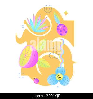 Colorful psychedelic composition with citrus fruit, flowers, ladybug and yellow abstract background blot. Contemporary Art. Warm and summer mood. Cover of notebook, print on t-shirt, poster, sticker Stock Vector