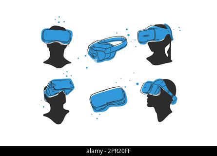 Hand drawn vector abstract graphic line art collection with virtual reality technology headset devise and human silhouette. Human in virtual reality Stock Vector