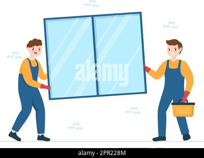 Window and Door Installation Service with Worker for Home Repair and Renovation use Tools in Flat Cartoon Hand Drawn Template Illustration Stock Vector