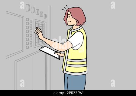 Girl in uniform adjusts industrial equipment on control panel. Stock Vector