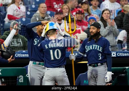 Seattle Mariners' J.P. Crawford plays during a baseball game, Wednesday,  April 26, 2023, in Philadelphia. (AP Photo/Matt Slocum Stock Photo - Alamy