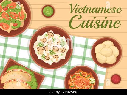 Vietnamese Food Restaurant Menu with Collection of Various Delicious Cuisine Dishes in Flat Style Cartoon Hand Drawn Templates Illustration Stock Vector