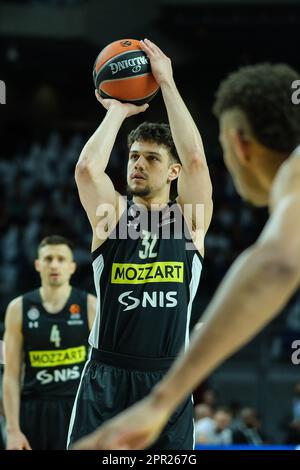 Belgrade, Serbia, 4 May 2023. Uros Trifunovic of Partizan Mozzart Bet  Belgrade warms up during the Play Offs Game 4 - 2022/2023 Turkish Airlines  EuroLeague match between Partizan Mozzart Bet Belgrade and