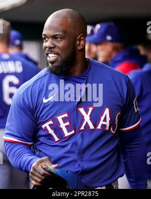 Adolis Garcia of the Texas Rangers celebrates with teammate Josh Jung after  hitting a solo home run against the New York Yankees during the fifth  inning at Globe Life Field on Apr.