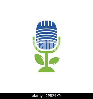Podcast leaf nature ecology vector logo design. Podcast talk show logo with mic and leaves. Stock Vector