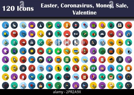 120 Icons Of Easter, Coronavirus, Money, Sale, Valentine Stock Vector
