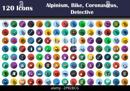 120 Icons Of Alpinism, Bike, Coronavirus, Detective, Restaurant Stock Vector