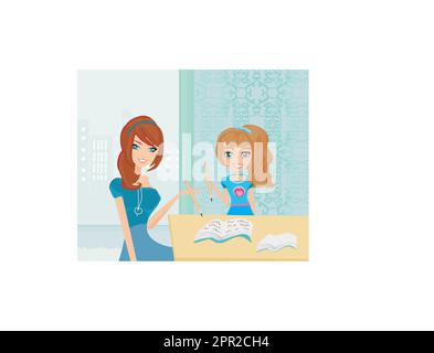 Mom helping her daughter with homework or schoolwork at home Stock ...