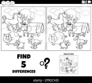 differences game with farm animals coloring book page Stock Vector ...