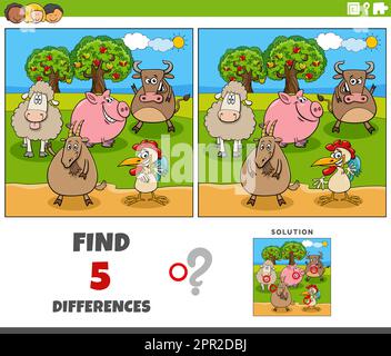differences educational task with cartoon farm animals Stock Vector ...