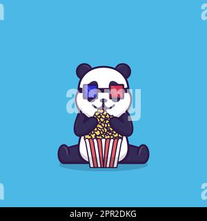 Cute panda watching cinema eating pop corn Stock Vector