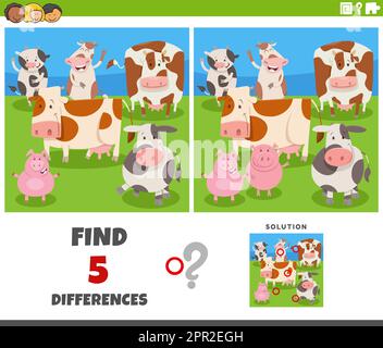 differences game with cartoon cows and pigs farm animals Stock Vector