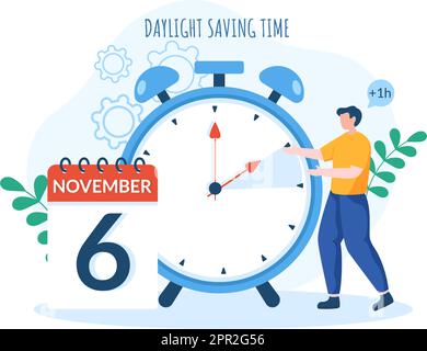Daylight Savings Time Hand Drawn Flat Cartoon Illustration with Alarm Clock or Calendar from Summer to Spring Forward Design Stock Vector