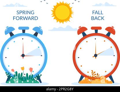 Daylight Savings Time Hand Drawn Flat Cartoon Illustration with Alarm Clock or Calendar from Summer to Spring Forward Design Stock Vector