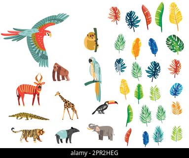 jungle set isolated icons with exotic birds wild animals with tropical plants trees Stock Vector