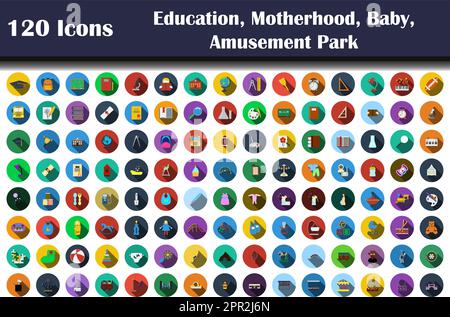 120 Icons Of Education, Motherhood, Baby, Amusement Park Stock Vector