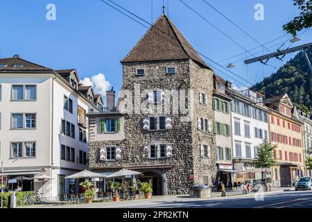 Chur, Switzerland - August 25.2021: The Maltese Tower in the southwest of the old town. It is part of the oldest city fortification, which was damaged Stock Photo