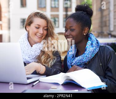 Communication, women students at campus with laptop and book. Teamwork or collaboration, females working together on university or college assignment Stock Photo