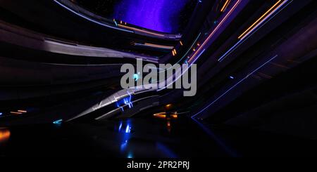 Photo of the interior of a building at night, illuminated by warm ...