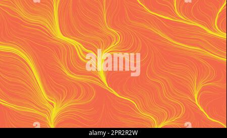 Bright orange abstract background. Backdrop with modern stripes, lines. Wavy stripes yellow color on orange backdrop. Neon Glowing Rays Stock Photo