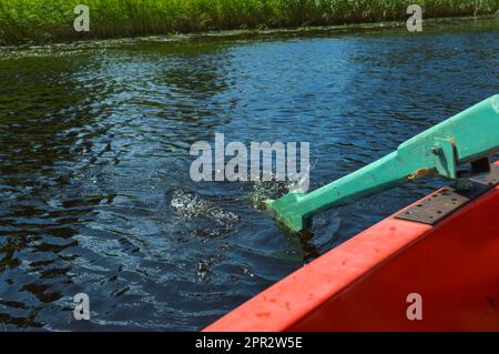 Wooden oars for the boat lowered into the water on a rest walk on the water of the lake the river the sea on the nature. Stock Photo