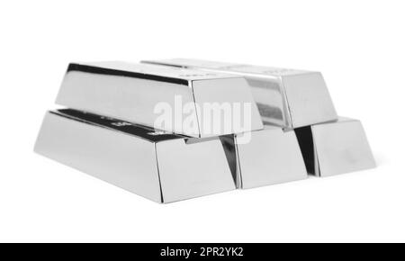 Stack of shining silver bars isolated on white Stock Photo