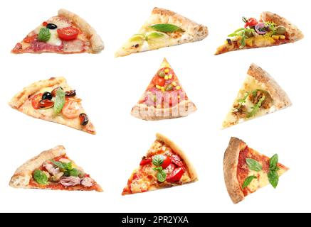 Set with slices of different pizzas on white background Stock Photo