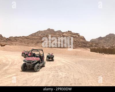 A lot of four-wheeled powerful fast off-road four-wheel drive buggies, cars in the sandy hot desert on moto-safari, rally against the high mountains 1 Stock Photo
