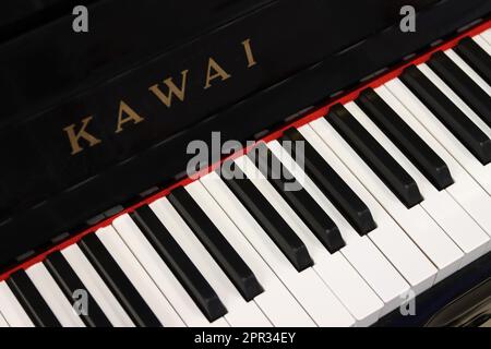 Kawai classical piano, close up of keyboard and logo Stock Photo