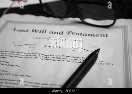 Last will and testament near pen, glasses on table, closeup Stock Photo