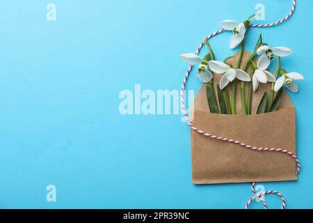 Beautiful snowdrops in envelope on turquoise background, flat lay. Space for text Stock Photo