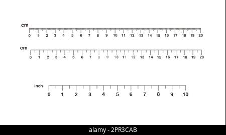 Measuring length markings in centimeters and inches of rulers on white background. Illustration Stock Photo