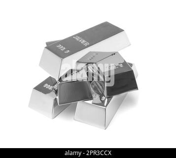 Stack of shining silver bars isolated on white Stock Photo