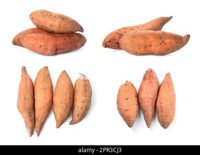 Set with whole ripe sweet potatoes on white background Stock Photo