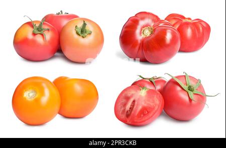 Set with different piles ripe tomatoes on white background Stock Photo ...