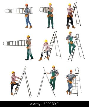 Collage with photos of carpenters and metal ladders on white background Stock Photo