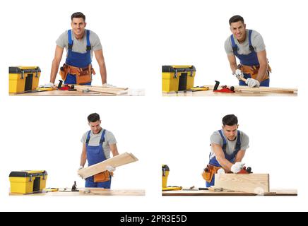 Collage with photos of carpenter working with timber at wooden table against white background Stock Photo