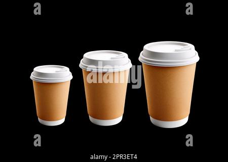 Tree takeaway coffee cups in diffrent sizes. Isolated on black background Stock Photo