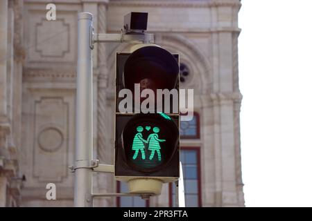 traffic light with couple Stock Photo