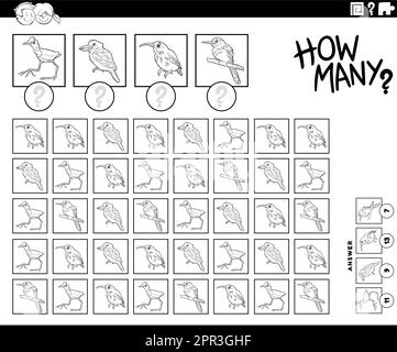how many cartoon birds counting game coloring page Stock Vector