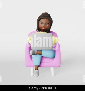 Smiling African American woman employee 3d character working typing on laptop remotely online sitting on armchair having video conference talking on w Stock Photo