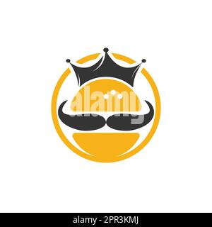 Burger king vector logo design. Burger with crown and mustache icon logo concept. Stock Vector