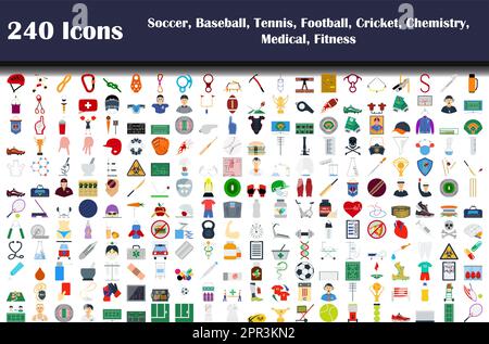 240 Icons Of Soccer, Baseball, Tennis, Football, Cricket, Chemistry, Medical, Fitness Stock Vector