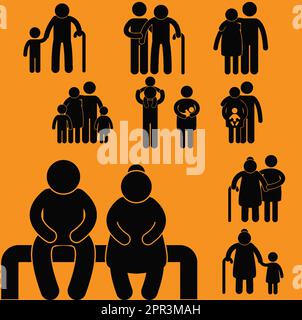 Black family matchstick isolated on orange background Stock Vector