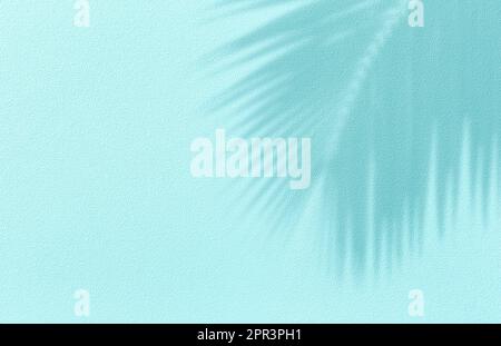 Panorama of texture wall with coconut palm leaf shadow on turquoise background. Summer tropical travel beach concept. Flat lay pastel color palm natur Stock Photo