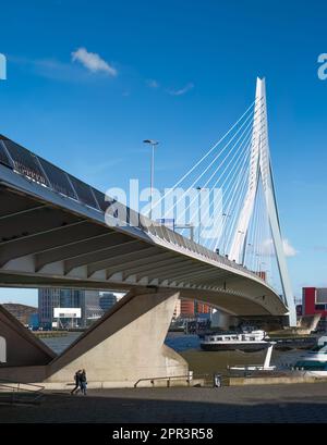 Rotterdam, Netherlands - Erasmus Bridge by Ben van Berkel with Bridgewatcher's House at Kop van Zuid by Bolles Wilson over River Maas Stock Photo