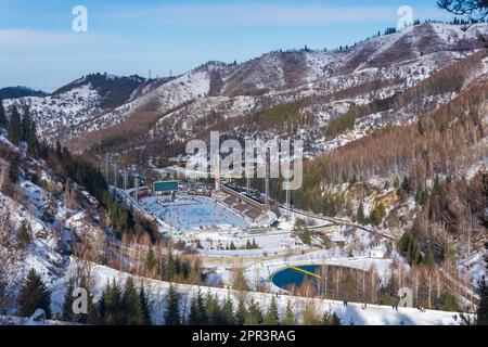 Almaty, Kazakhstan - January 08, 2023: top view of the world's largest high mountain skating rink Medeu Stock Photo